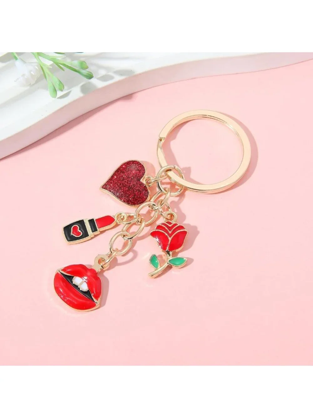 Romantic Love Keychain Set - 10PCS Red Glitter Heart, Rose & Lipstick Charms for